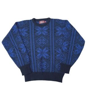Winter Harbor Shetland Wool Blend Mens M Sweater Blue Black Snowflake USA Made